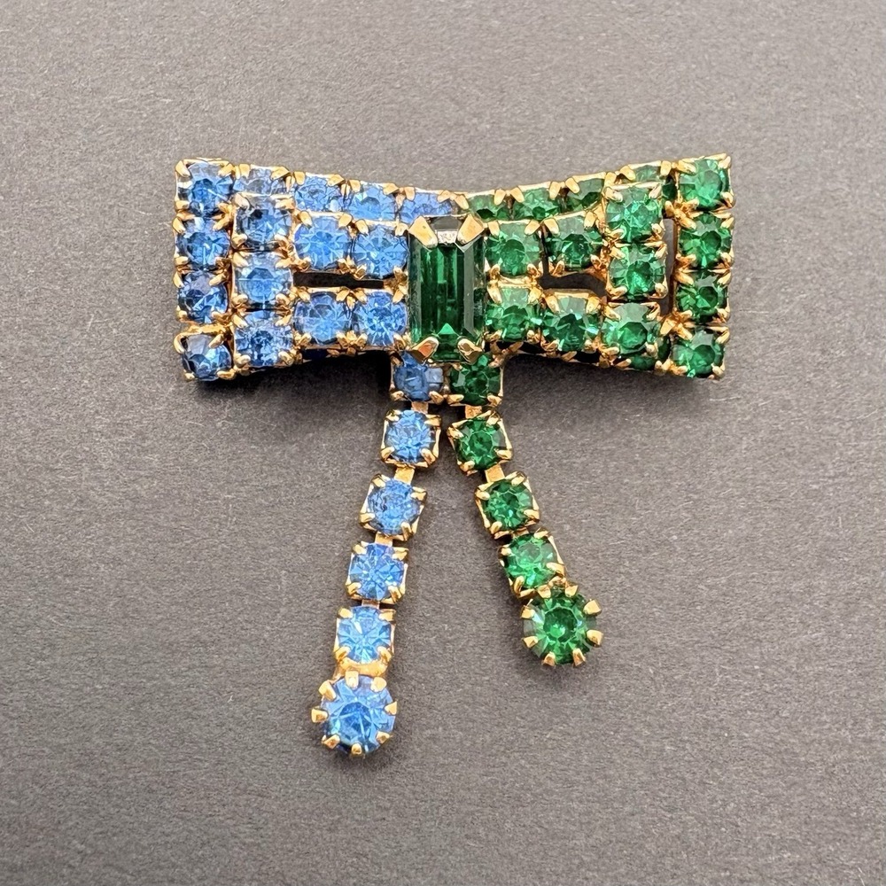 Vintage Blue Green Bow Ribbon Dangle Brooch Prong Set‎ Rhinestones Gold Tone